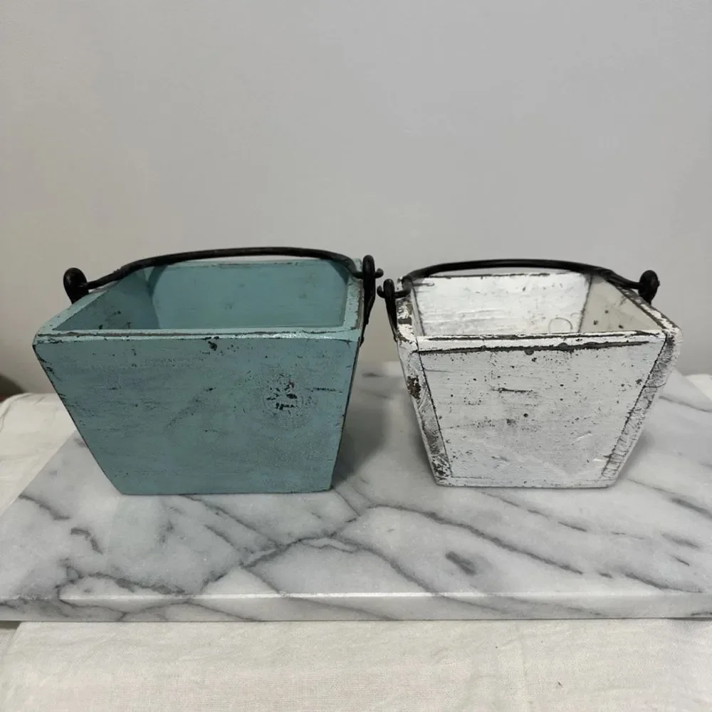 Antique wood buckets pails Rustic Metal Set of 2 - Blue and White